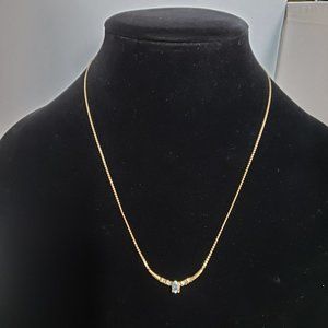 NECKLACE Gold Tone With 4 Small Clear & 1 Center Sky Blue Rhinestones 19”